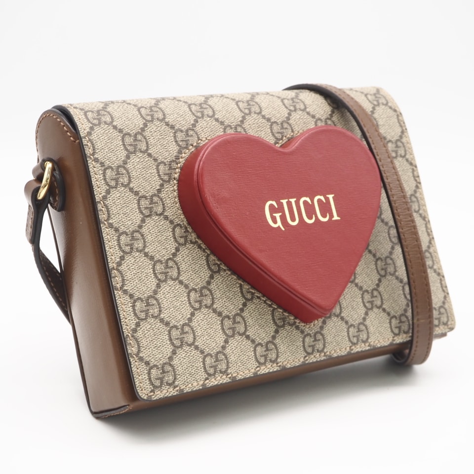 美品 GUCCI グッチ GGスプリーム バレンタイン限定 ショルダーバッグ ハート 637048 ショルダーバッグ ベージュ ブラウン レッド コーティングキャンバス レザー レディース