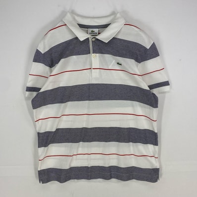 古着 ラコステ LACOSTE 半袖シャツ ワンポイントロゴ ポロシャツ ワッペン ショートスリーブ 7 ホワイト系 ボーダー メンズ