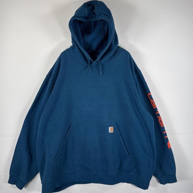 古着 カーハート Carhartt パーカー ワンポイントロゴ ビッグサイズ ORIGINAL FIT 袖ビッグロゴ マフポケット 14043 ブルー メンズ
