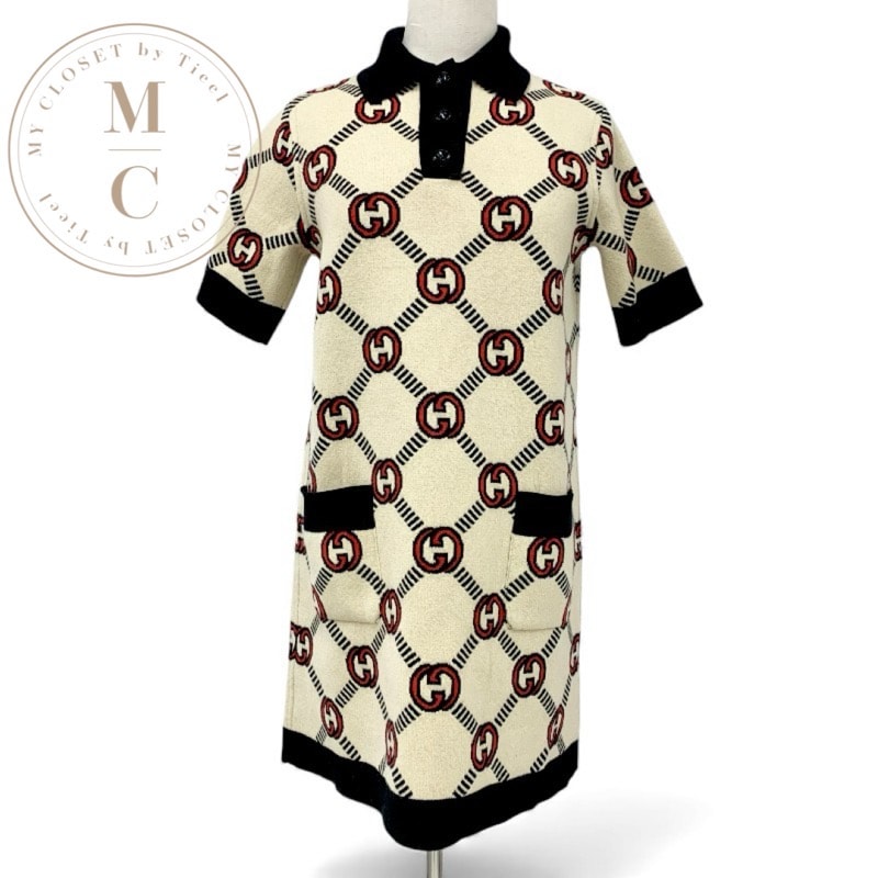 グッチ GUCCI ワンピース ベージュ ブラック レッド インターロッキングG リバーシブル ポロドレス ニット