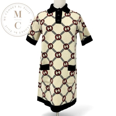 グッチ GUCCI ワンピース ベージュ ブラック レッド インターロッキングG リバーシブル ポロドレス ニット