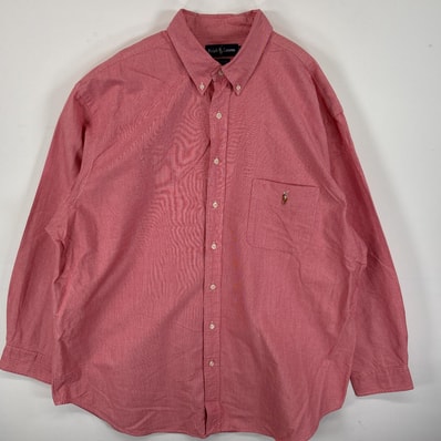 古着 ラルフローレン RALPH LAUREN 長袖シャツ ボタンダウンシャツ ワンポイント ロゴ刺繍 2X ピンク 無地 メンズ