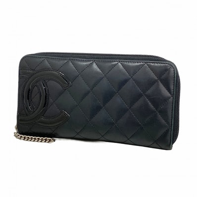 【6dc2263-k】シャネル 長財布 カンボン ラムスキン パテントレザー ブラック シルバー金具【中古】レディース