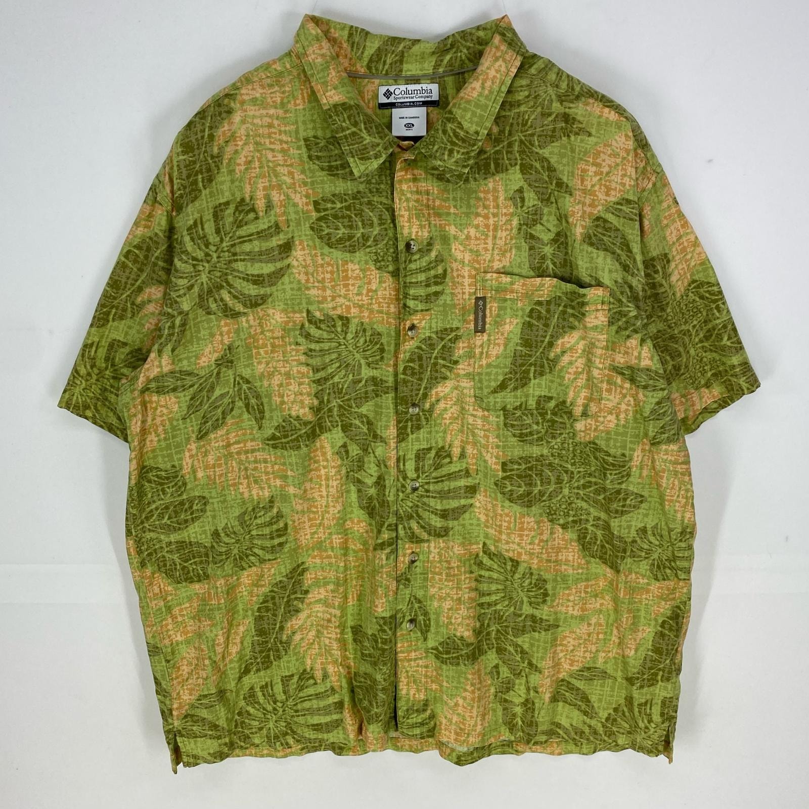 古着 コロンビア Columbia 半袖シャツ 胸ポケット 花柄 アロハ ワンポイントロゴ 大きいサイズ 2XL グリーン系 メンズ