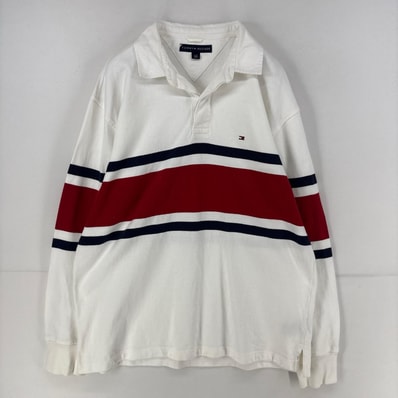 古着 トミーヒルフィガー TOMMY HILFIGER 長袖シャツ ワンポイント ラガーシャツ ロゴ 刺繍 ボーダー L ホワイト系 メンズ