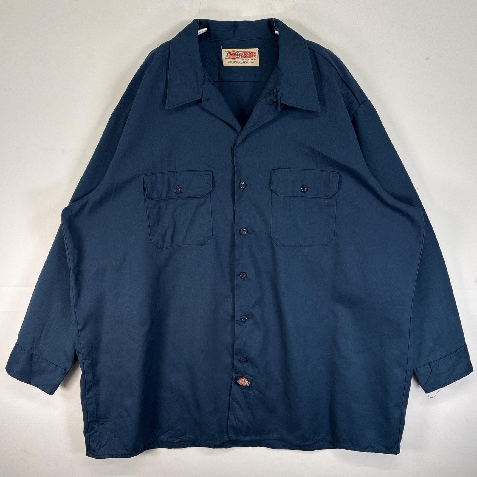 古着 90's/90年代 ディッキーズ Dickies 長袖シャツ USA製製 大きいサイズ ワーク 作業着 フラップポケ ワンポイント ロゴ 19-19 1/2 3XL  ネイビー 無地 メンズ
