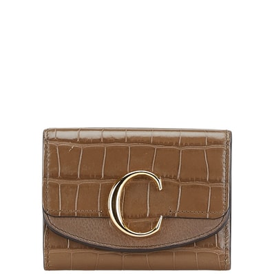 クロエ クロコ型押し 三つ折り財布 ブラウン レザー レディース Chloe 【中古】