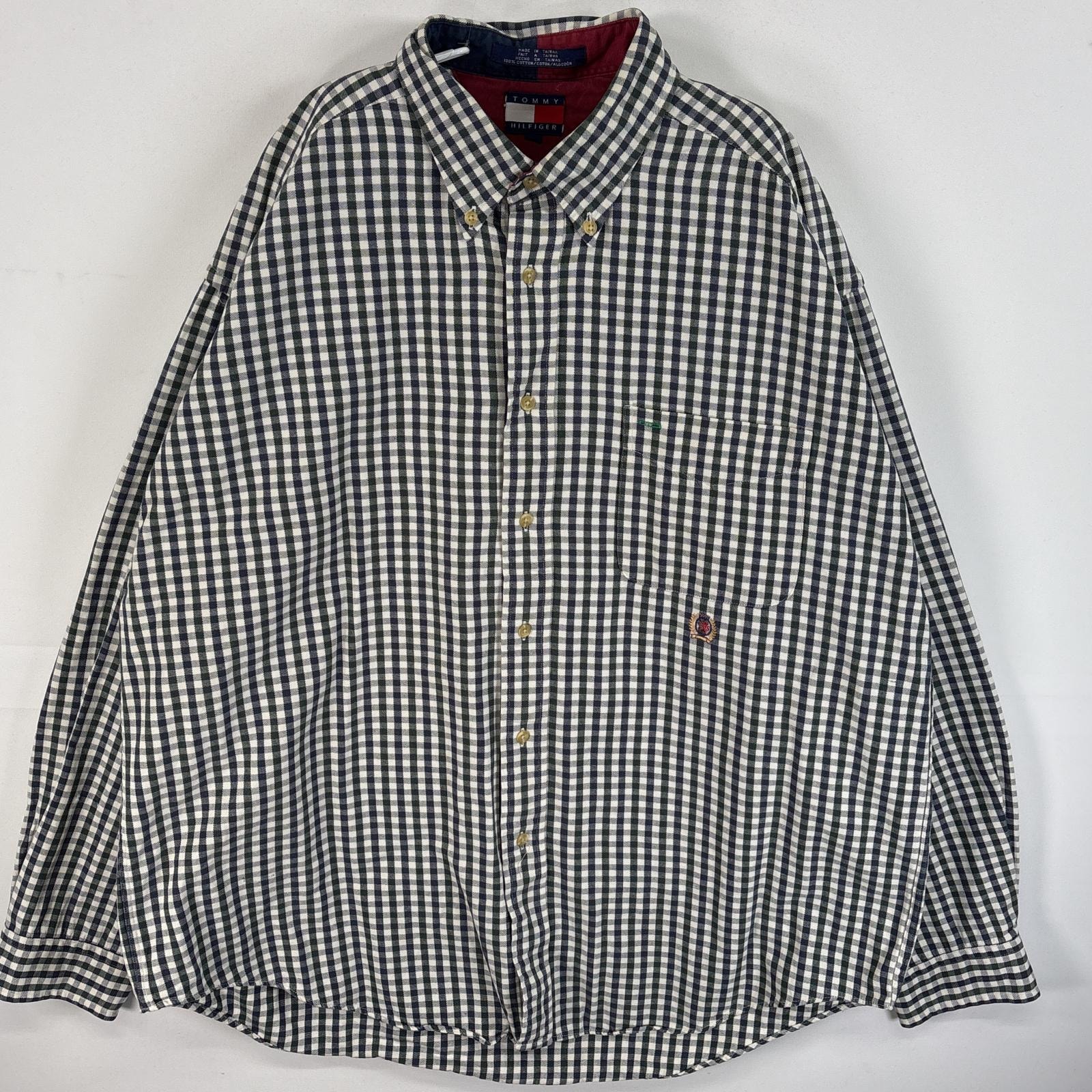 古着 90's/90年代 トミーヒルフィガー TOMMY HILFIGER 長袖シャツ ワンポイント ロゴ 刺繍 ボタンダウンシャツ 大きいサイズ XL  ネイビー系 チェック メンズ