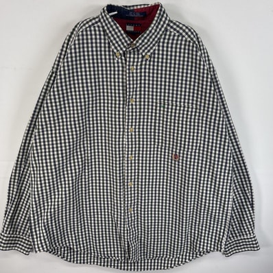古着 90's/90年代 トミーヒルフィガー TOMMY HILFIGER 長袖シャツ ワンポイント ロゴ 刺繍 ボタンダウンシャツ 大きいサイズ XL ネイビー系 チェック メンズ