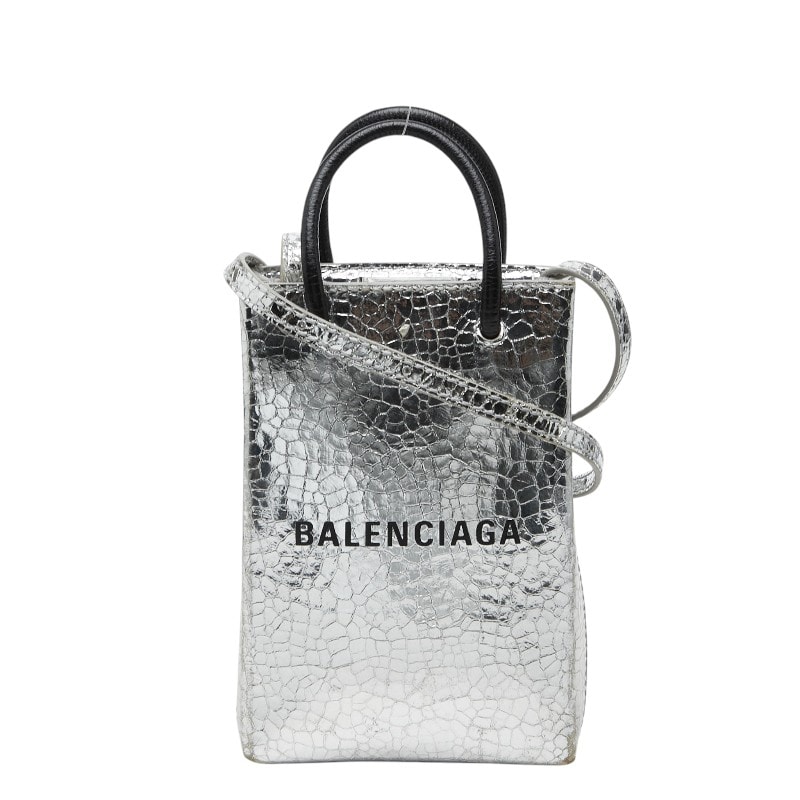 バレンシアガ ショッピング フォンホルダー ハンドバッグ ショルダーバッグ 593826 シルバー ブラック レザー レディース BALENCIAGA 【中古】