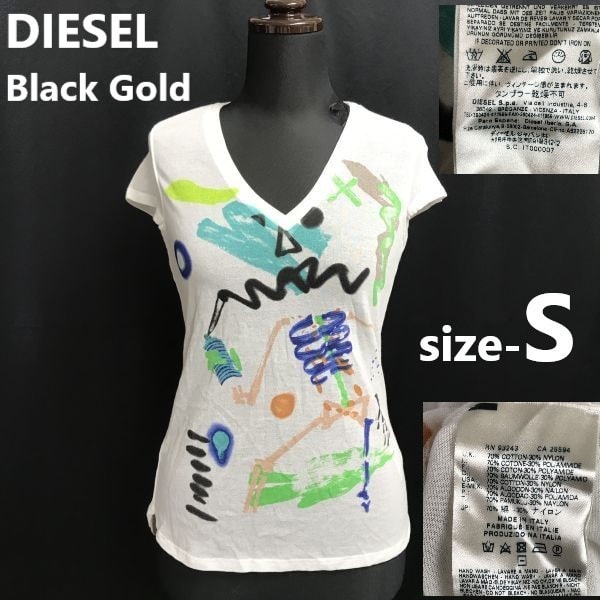 美品★イタリア製★ディーゼル/DIESEL Black Gold★シースルー/Vネック/半袖Tシャツ/カットソー【レディースS/white】tops/Shirts◆cBH881