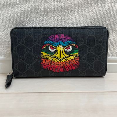 GUCCI Bestiary Eagle Print GG Supreme Zip Around Wallet "Black"