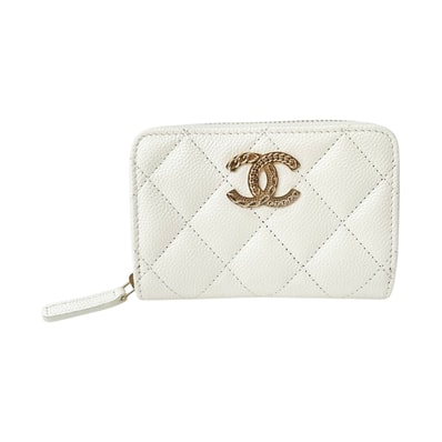CHANEL シャネル 財布 ココマーク マトラッセ ラウンドファスナー コインケース ホワイト キャビアスキン
