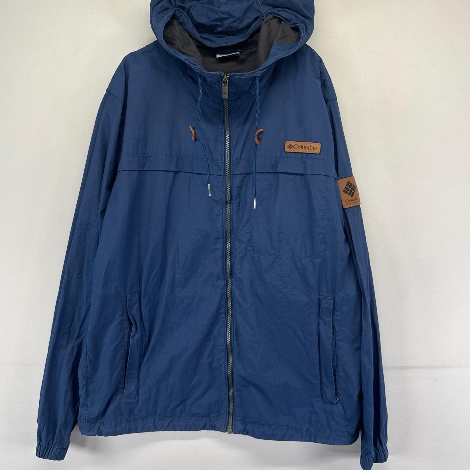 古着 コロンビア Columbia ジャケット フルジップ ワンポイントロゴ アウトドア コットンジャケット M  ネイビー系 メンズ