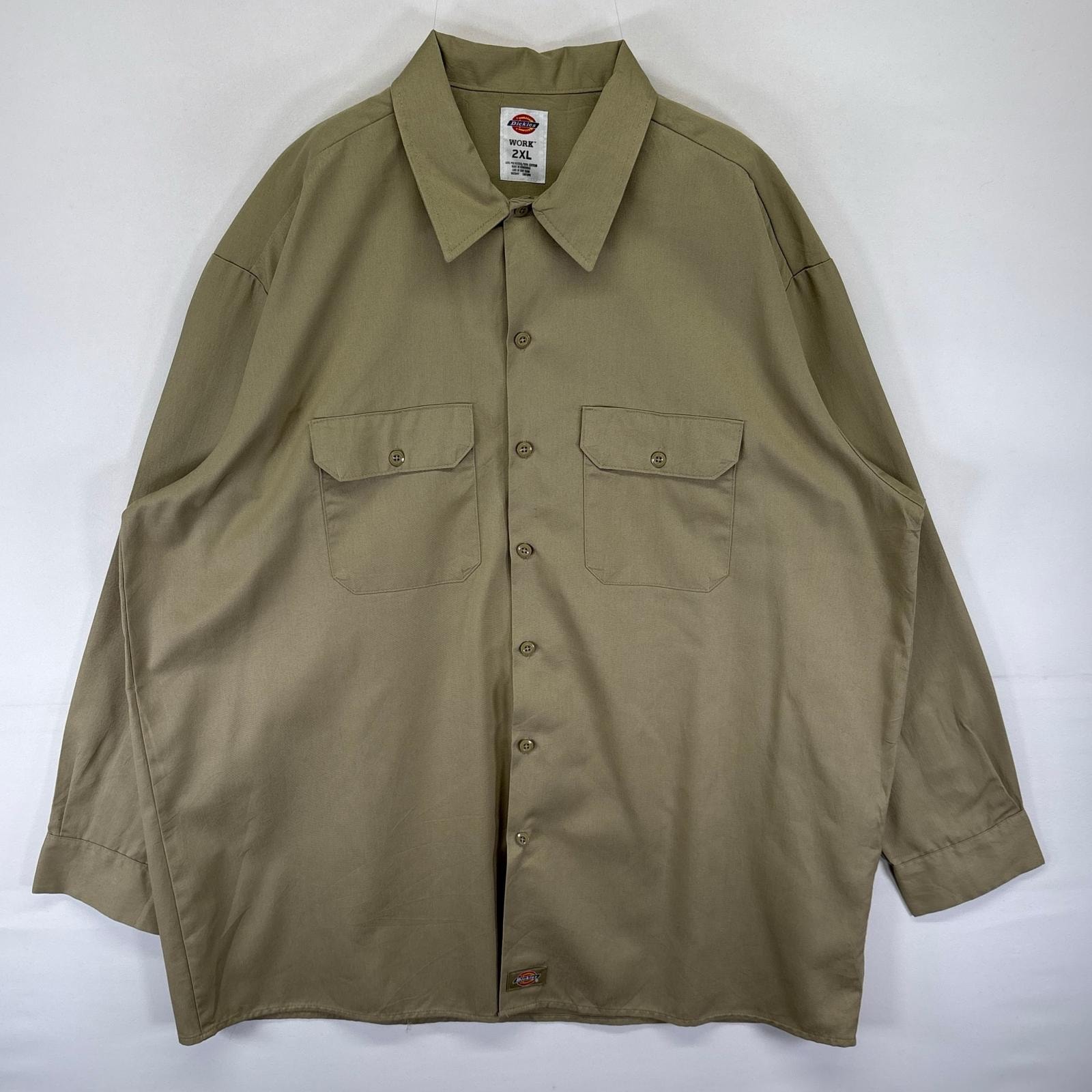 古着 ディッキーズ Dickies 長袖シャツ ワーク 胸ポケット ワンポイントロゴ 大きいサイズ ワーク 2XL  ベージュ系 無地 メンズ
