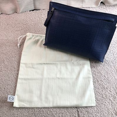 LOEWE T Pouch Linen Clutch bag Calf Leather "Blue"