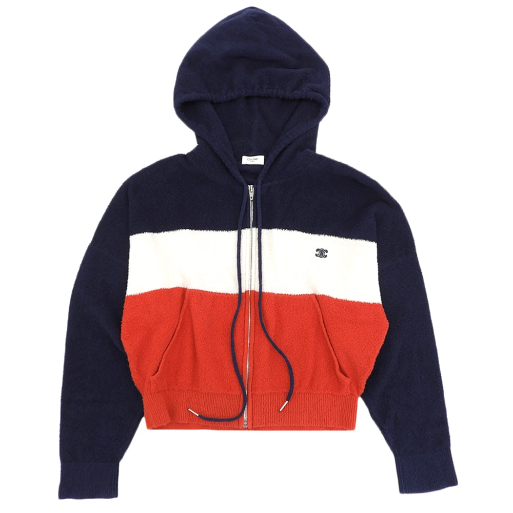 セリーヌ トオンフ刺繍 パイルジップアップ フーディ トリコカラー トップス レディース ネイビー アイボリー レッド S 2A52V327Q S