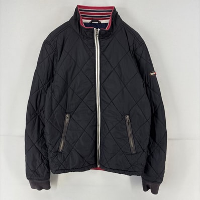 古着 トミーヒルフィガー TOMMY HILFIGER ジャケット 中綿 フルジップ ロゴ キルティング M ブラック メンズ