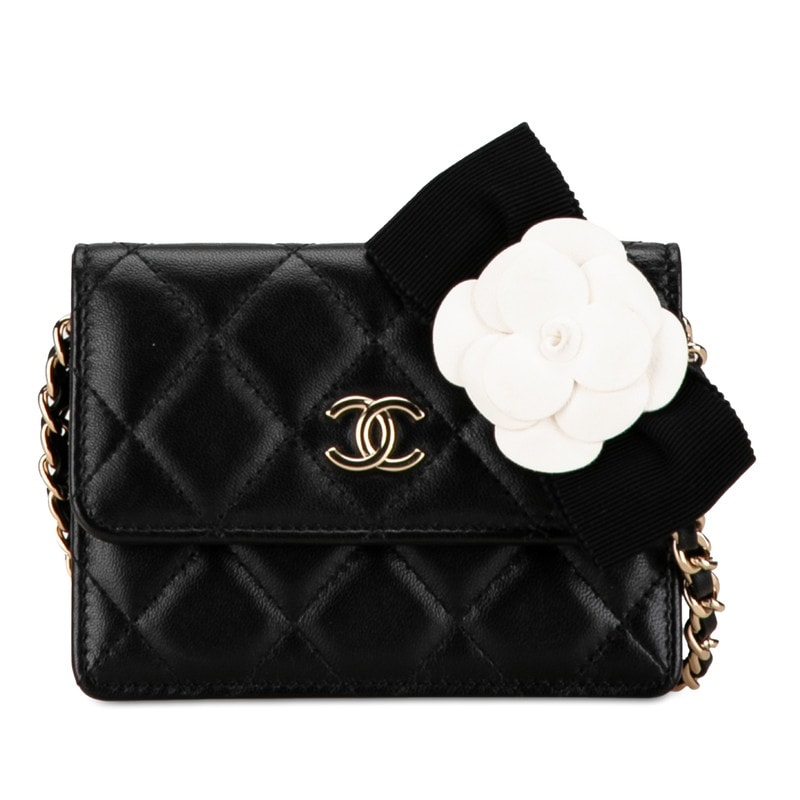 シャネル マトラッセ ココマーク カメリア ミニ チェーン ショルダーウォレット ブラック ラムスキン レディース CHANEL 中古