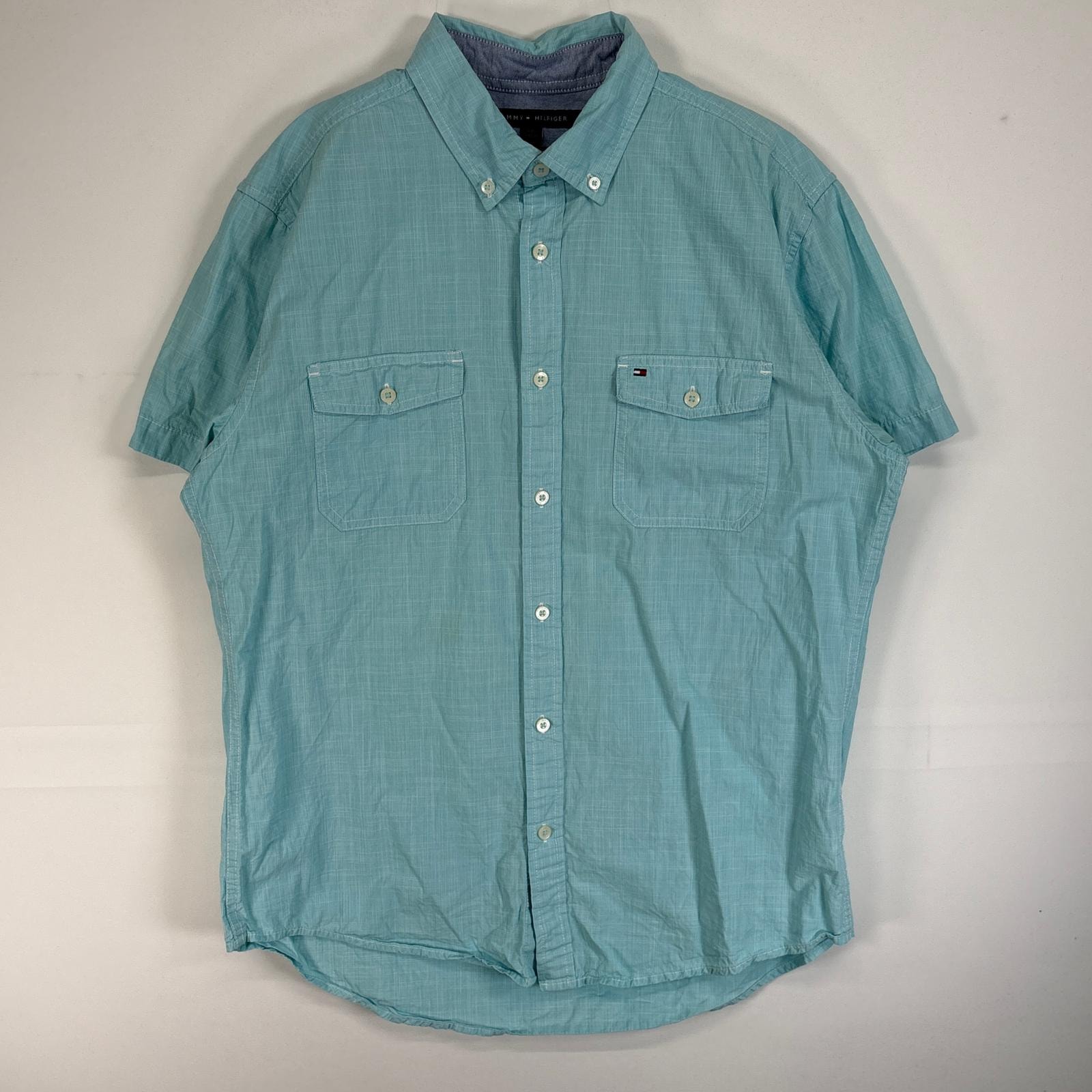 古着 トミーヒルフィガー TOMMY HILFIGER 半袖シャツ ロゴ 刺繍 胸ポケ L 水色 無地 メンズ