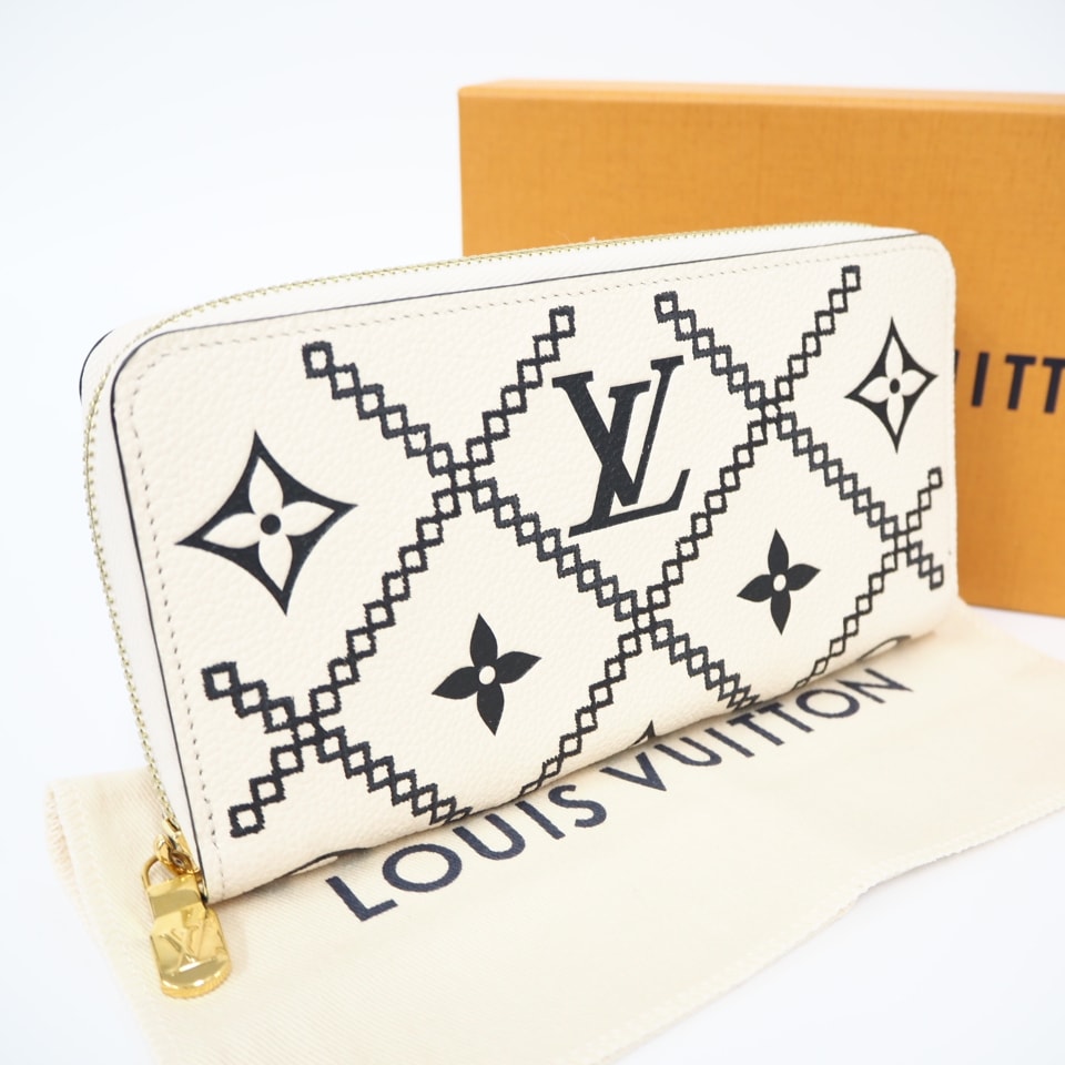 美品 LOUIS VUITTON ルイ・ヴィトン モノグラム アンプラント ブロデリー ジッピー ウォレット クレーム M81141 長財布 ベージュ ブラック カウハイド レディース