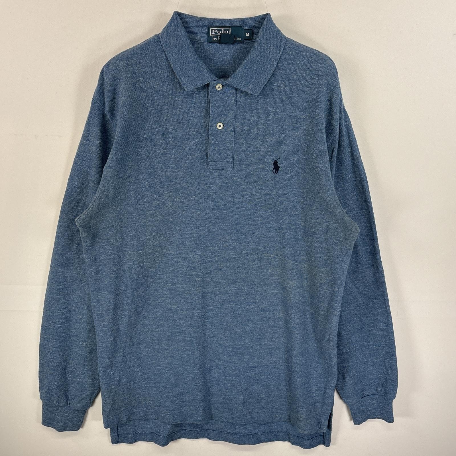 古着 90's/90年代 ポロバイラルフローレン Polo by Ralph Lauren 長袖 ポロシャツ ワンポイント ロゴ 刺繍 2ボタン M  ブルー系 無地 メンズ