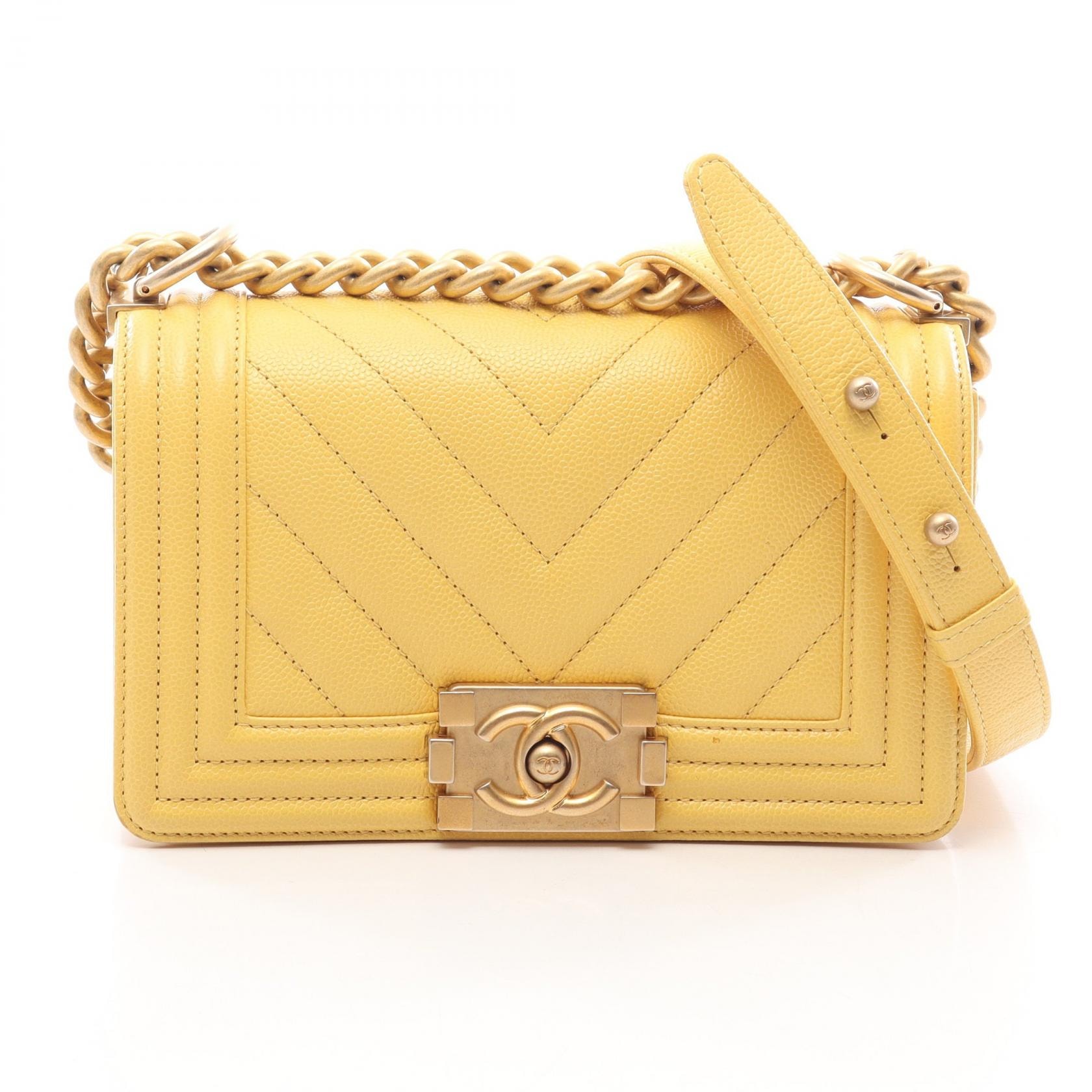 シャネル CHANEL ボーイシャネル スモール シェブロン Vステッチ ショルダーバッグ バッグ キャビアスキン(グレインドカーフ) レディース イエロー系 【中古】