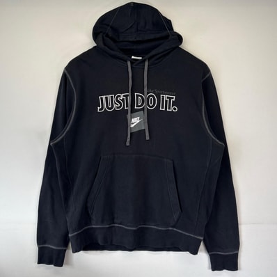 古着 ナイキ NIKE パーカー プルオーバー 大判刺繍デザイン フーディー スポーツ トレーナー スウォッシュ M ブラック メンズ