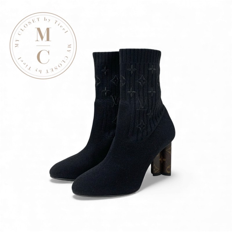 ルイヴィトン LOUIS VUITTON シルエットライン モノグラム ブーツ ショートブーツ 靴 シューズ ファブリック レザー ブラック ブラウン ソックスブーツ ニット アンクルブーツ