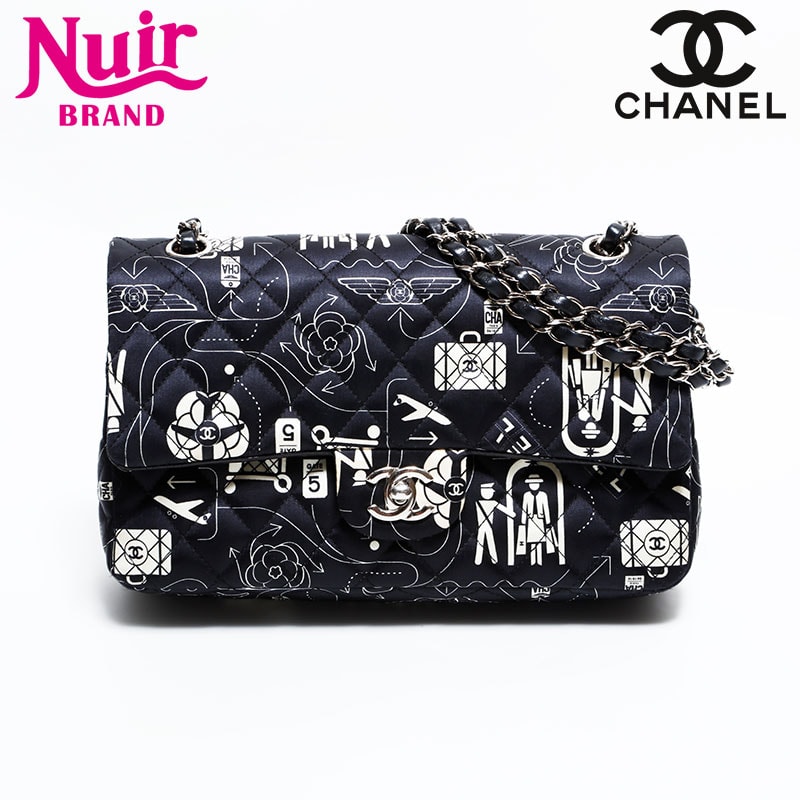 シャネル CHANEL 22番台 2016-2017 アイコンモチーフ サテン マトラッセ ダブルフラップ ショルダーバッグ【中古】