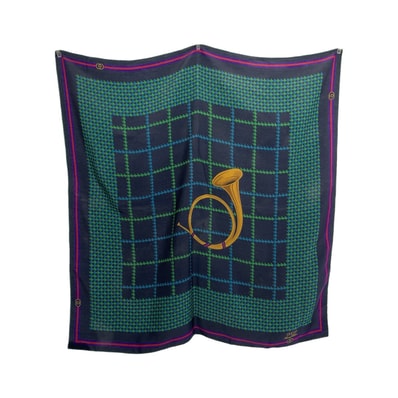 美品 GUCCI グッチ ポストホルン ネイビー イエロー グリーン シルク スカーフ ストール 604156 【中古】