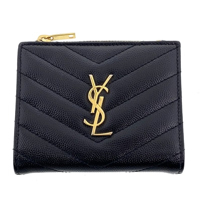 SAINT LAURENT サンローラン Vステッチ コンパクトウォレット 財布 二つ折り財布 575879 レザー ブラック ゴールド金具 レディース【中古】