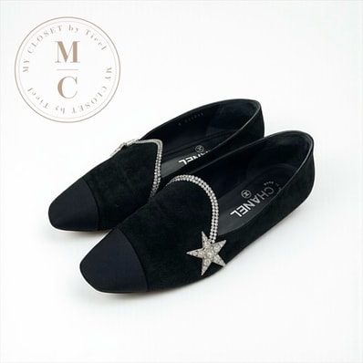 シャネル CHANEL フラットシューズ 靴 シューズ スエード ファブリック ブラック 黒 オペラシューズ スター ビジュー ラインストーン