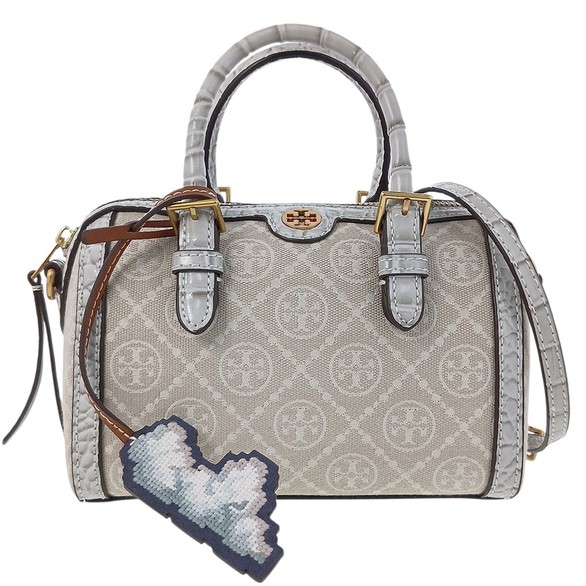 Tory Burch トリーバーチ Tモノグラム クラウド ミニ バレルバッグ ハンドバッグ 154101 ライトグレー  レディース【中古】