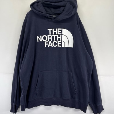 古着 ザ・ノースフェイス THE NORTH FACE パーカー ワンポイントロゴ プリント スウェット 大きいサイズ 2XL ネイビー系 メンズ