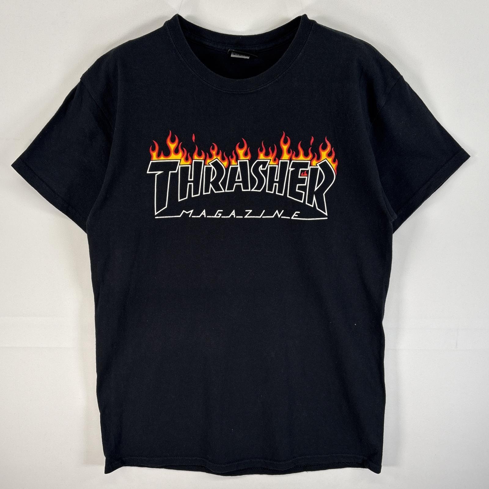古着 スラッシャー THRASHER 半袖Tシャツ プリント ロゴ ファイヤーデザイン スケボー M ブラック メンズ