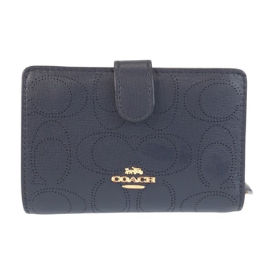 美品 COACH コーチ シグネチャー ネイビー ゴールド金具 レザー 折り財布 コンパクトウォレット 601975 【中古】