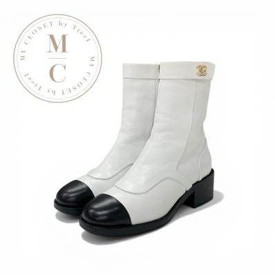 シャネル CHANEL ブーツ ショートブーツ 靴 シューズ レザー ホワイト ブラック ココマーク ターンロック