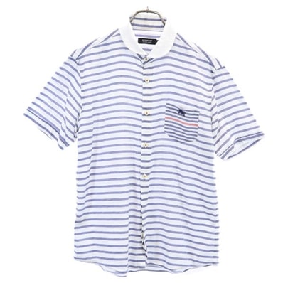 BURBERRY BLACK LABEL バーバリーブラックレーベル 三陽商会 リネンブレンド ボーダー 半袖 シャツ 2 ブルー×ホワイト