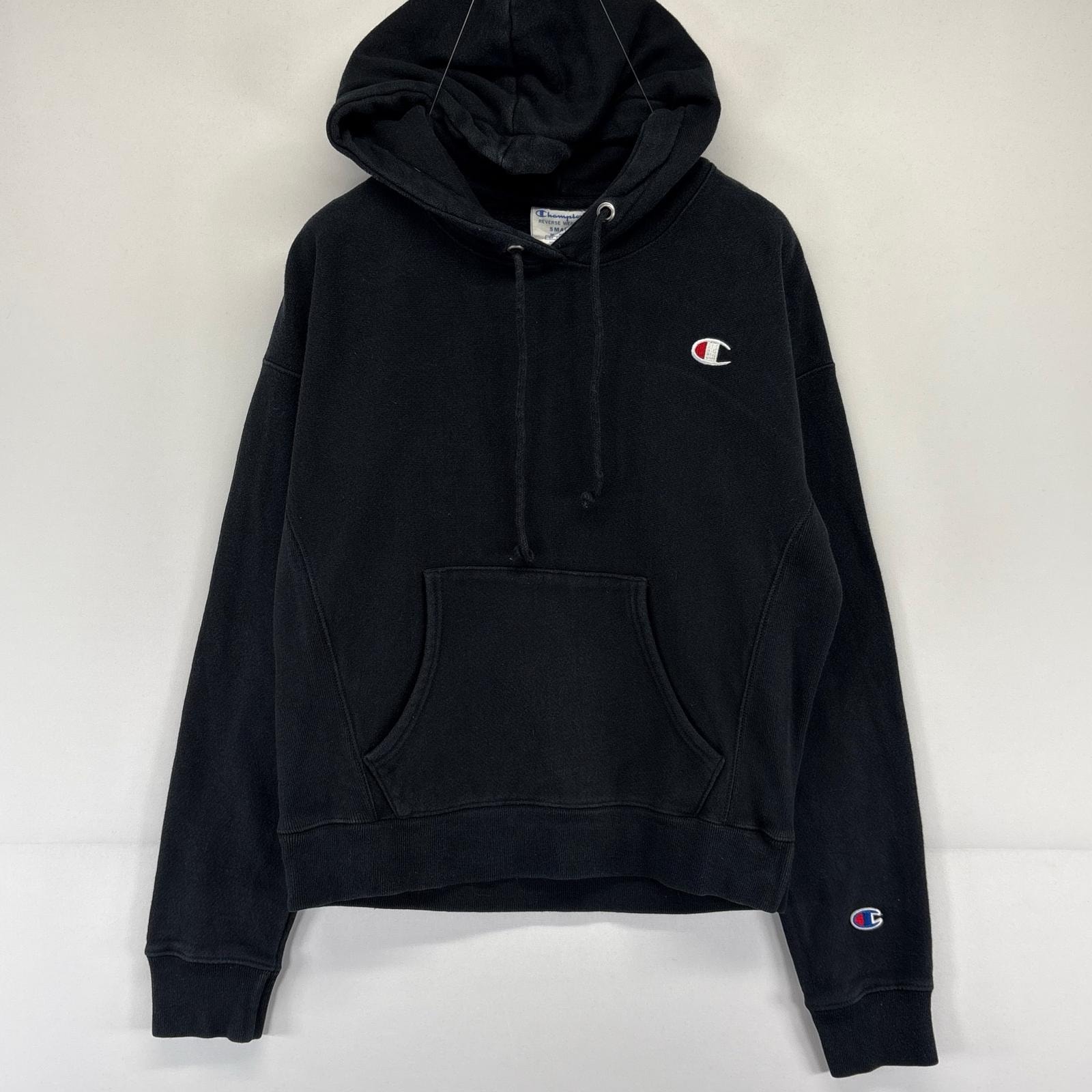 古着 チャンピオン Champion パーカー リバースウィーブ 刺繍 フーディ ロゴ スウェット S  ブラック系 レディース