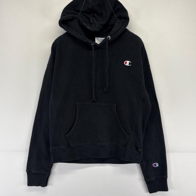 古着 チャンピオン Champion パーカー リバースウィーブ 刺繍 フーディ ロゴ スウェット S ブラック系 レディース