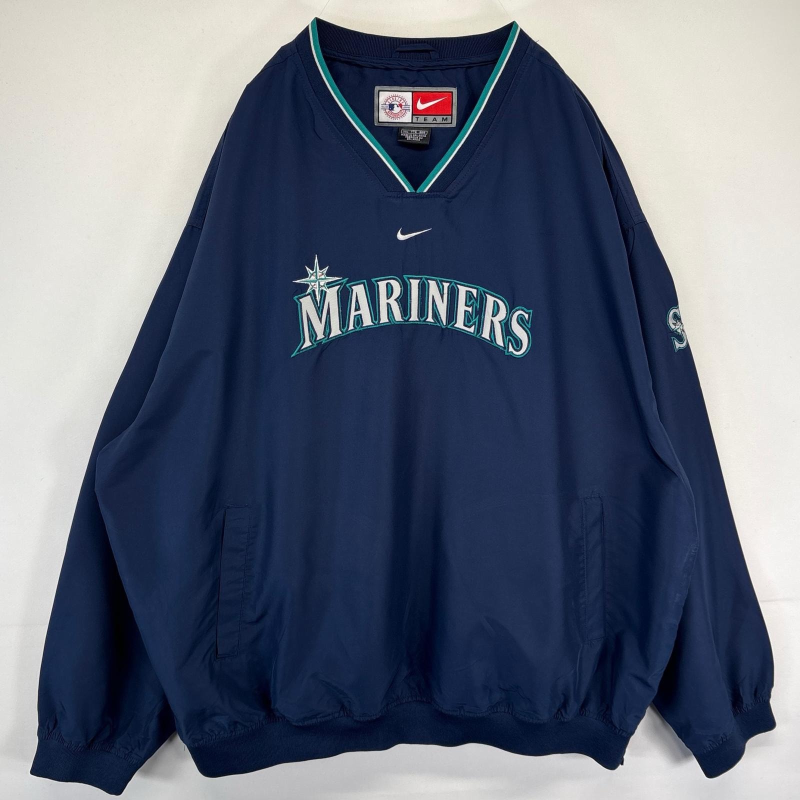 古着 ナイキ NIKE ナイロンジャケット プルオーバー  センタースウッシュ マリナーズ ロゴ刺繍 Vネック 大きいサイズ 2XL  ネイビー系 メンズ
