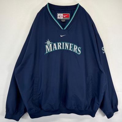 古着 ナイキ NIKE ナイロンジャケット プルオーバー センタースウッシュ マリナーズ ロゴ刺繍 Vネック 大きいサイズ 2XL ネイビー系 メンズ