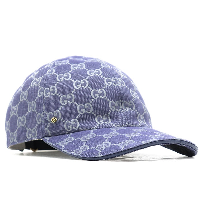 【極美品】GUCCI グッチ 帽子 デニム ベースボールキャップ ジャガード GGキャンバス ロゴ モノグラム インターロッキング ゴールドチャーム レザーアジャスター 748475 小物 袋付属 ユニセックス S 57cm インディゴ イタリア製
