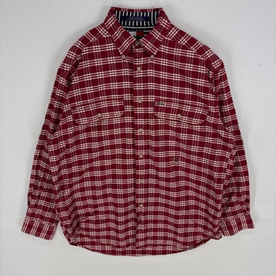 古着 90's/90年代 トミーヒルフィガー TOMMY HILFIGER 長袖シャツ ボタンダウン ワンポイント S レッド系 チェック メンズ