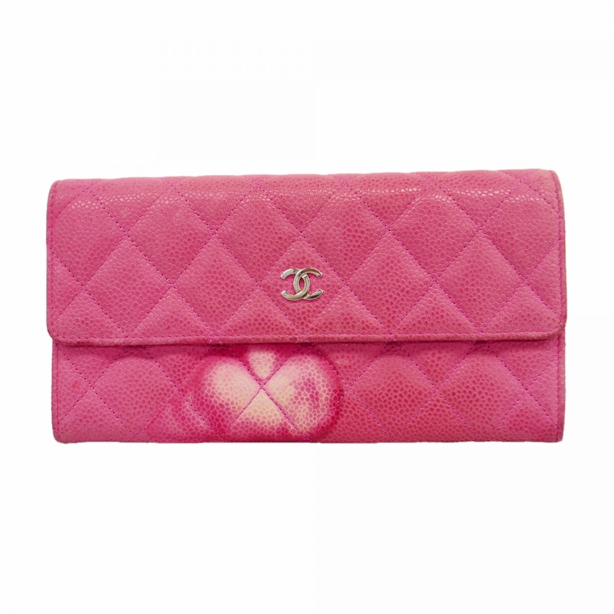 【6db2082】シャネル 長財布 マトラッセ キャビアスキン ピンク シルバー金具【中古】レディース