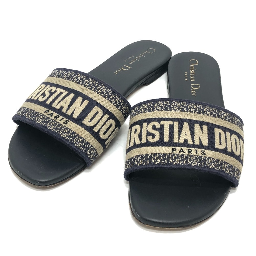 ディオール Dior Dway スライド エンブロイダリーコットン 靴 シューズ フラット ミュール サンダル ジャガード ネイビー