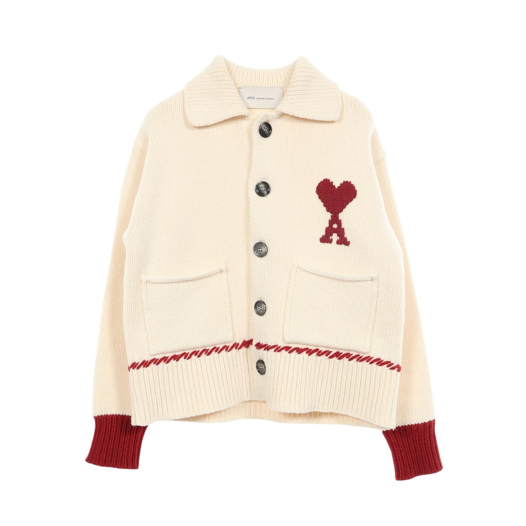 アミ AMI ハートロゴ カーディガン 衣料品 トップス ウール レディース ホワイト系 / レッド系 UKC375 【中古】