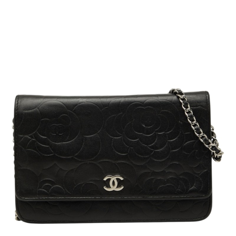 シャネル カメリア ココマーク チェーン ショルダーバッグ ウォレット ブラック ラムスキン レディース CHANEL 【中古】
