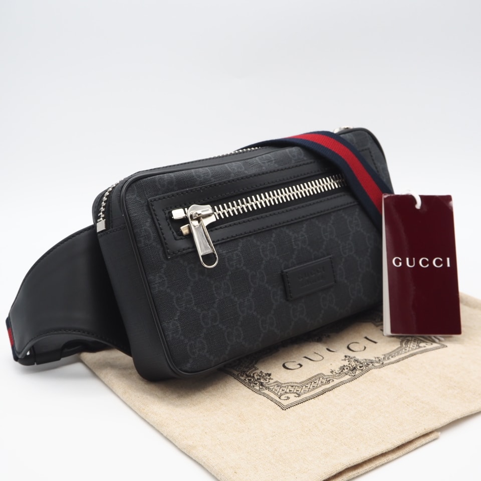 極美品 GUCCI グッチ GGスプリーム ソフトGGスプリーム ベルトバッグ 474293 ショルダーバッグ グレー ネイビー レッド コーティングキャンバス レザー メンズ